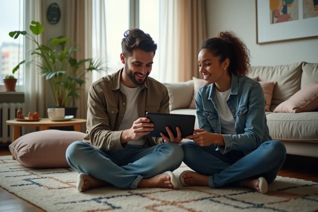 Deux amis choisissant un film sur CoFlix, service de streaming gratuit, via une tablette posée au sol dans un appartement moderne