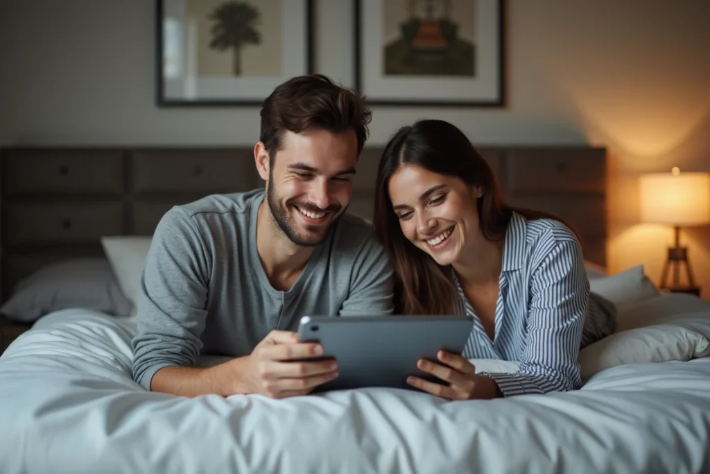 Couple regardant la télévision en direct sur une tablette depuis leur chambre via une application de streaming gratuite