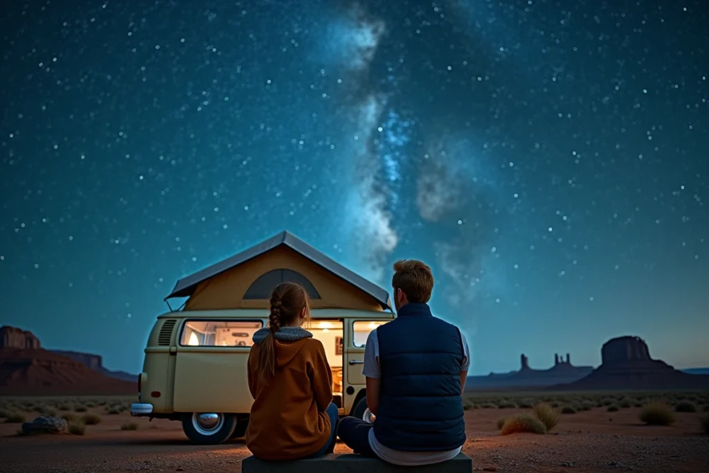 Couple installé sur un toit de van observant la voie lactée au-dessus d'un plateau désertique, expérience nomade sous les étoiles en vanlife