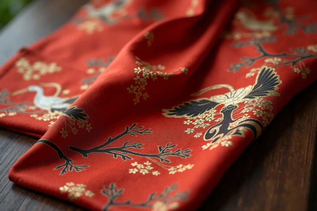 Détail en gros plan d'une manche de kimono japonais en soie vermillon avec motifs de grues peints à la main sur bois sombre