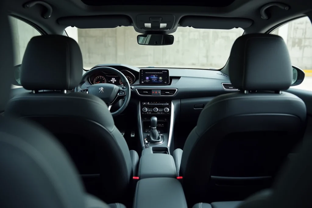 Intérieur spacieux de la Peugeot 308 vu depuis la portière ouverte, montrant l'espace cabine, les sièges et le tableau de bord