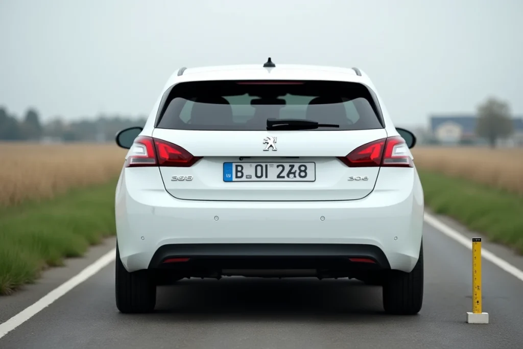 Vue arrière trois quarts de la Peugeot 308 blanche en milieu périurbain, mettant en valeur les dimensions du coffre et de la carrosserie