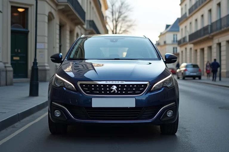Vue trois quarts avant de la Peugeot 308 bleue garée dans une rue urbaine, illustrant ses dimensions extérieures et son design compact