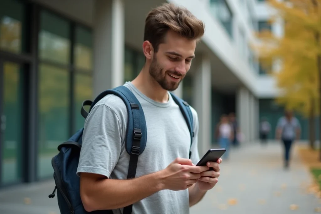 Étudiant vérifiant son numéro CVEC sur l'application mobile Crous devant un bâtiment universitaire en automne