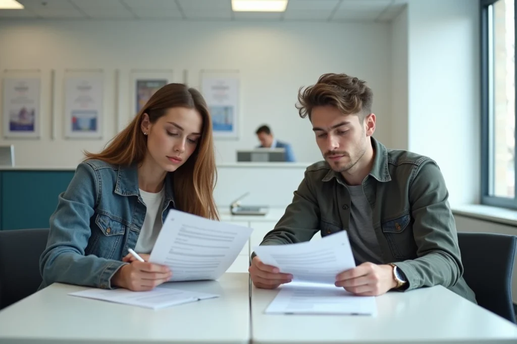 Deux étudiants complétant leur dossier CVEC au bureau des services Crous avec les documents administratifs requis
