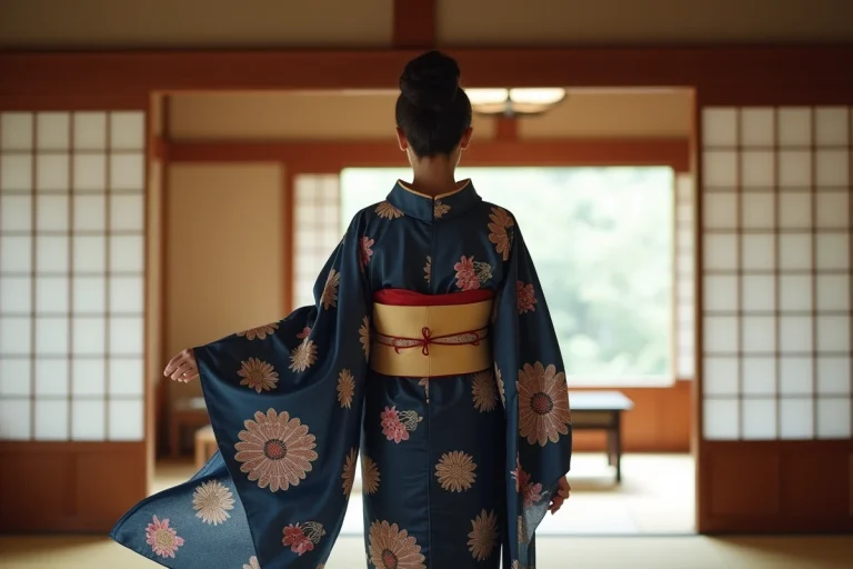 Femme japonaise portant un furisode aux longues manches en soie indigo et ivoire dans une pièce traditionnelle en tatami