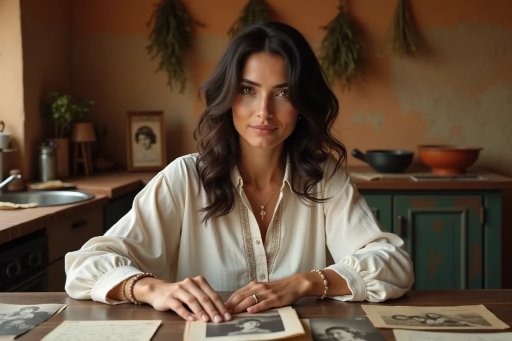 Femme aux origines libanaises contemplant des photos de famille dans une cuisine méditerranéenne aux teintes chaudes