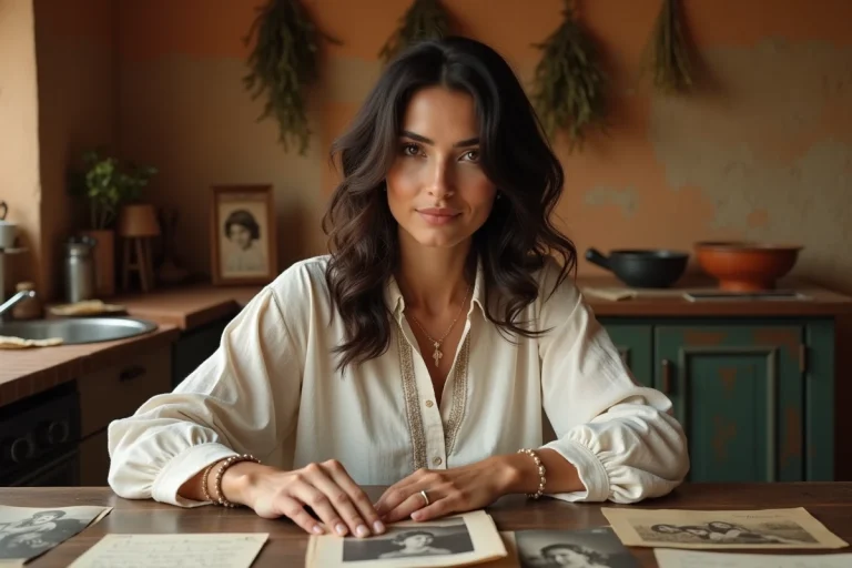 Femme aux origines libanaises contemplant des photos de famille dans une cuisine méditerranéenne aux teintes chaudes