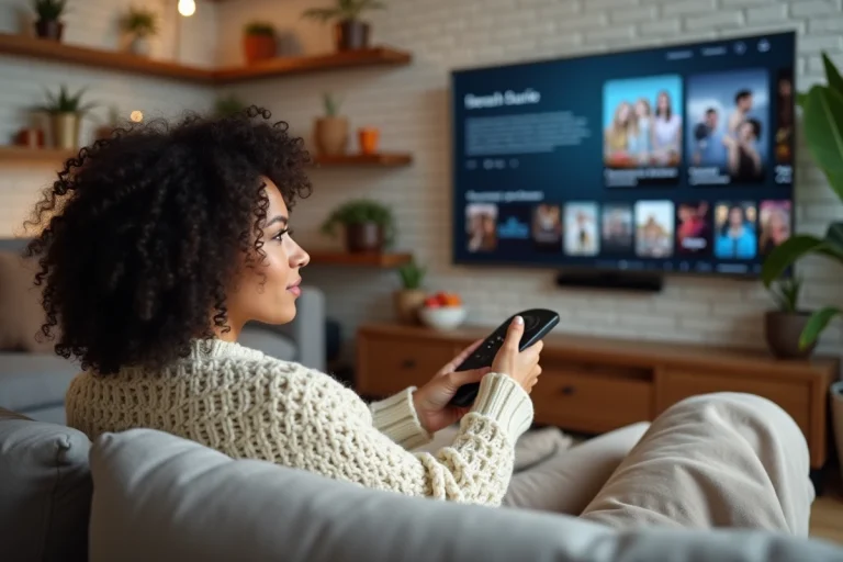 Femme qui découvre CoFlix, un service de streaming gratuit, depuis son canapé avec une télécommande en main