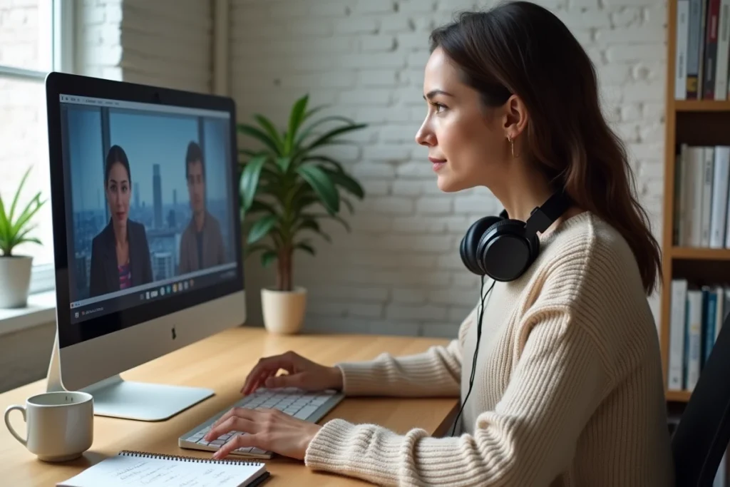 Femme regardant une chaîne TV en direct gratuitement sur un ordinateur de bureau à domicile