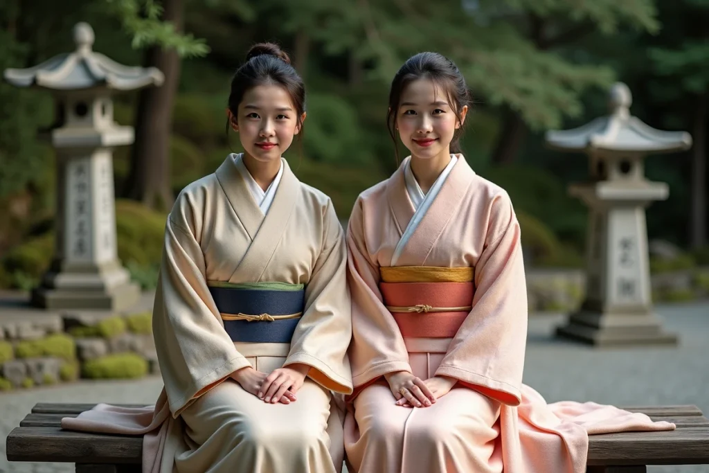 Deux femmes japonaises en kimono furisode et houmongi assises dans un jardin de temple traditionnel avec lanternes en pierre