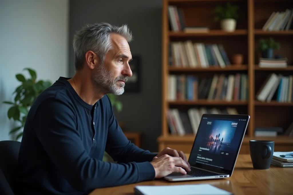 Homme utilisant CoFlix sur un ordinateur portable dans un bureau à domicile pour regarder des films en streaming gratuit