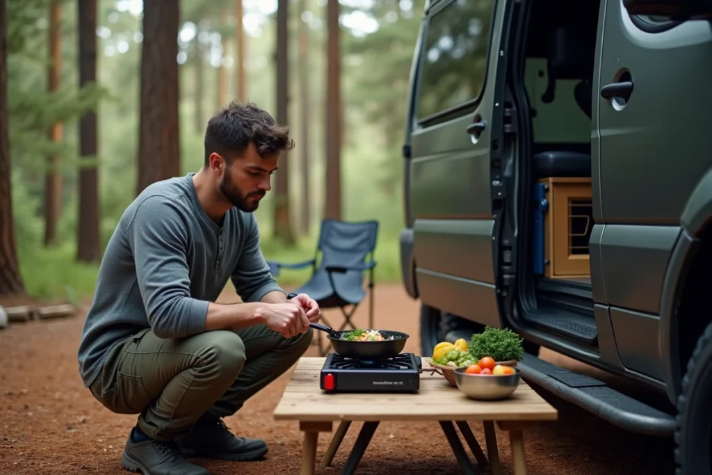 Homme préparant un repas sur un réchaud de camping à côté de son van tout-terrain en forêt de pins, activité culinaire nomade en pleine nature
