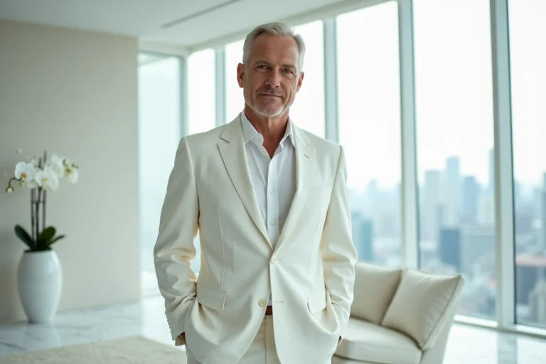 Homme riche en costume blanc dans un appartement de luxe minimaliste avec vue sur la ville, symbolisant la pureté et le statut social élevé