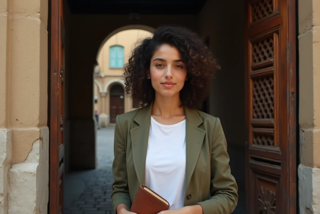 Jeune femme aux racines libanaises devant une porte sculptée traditionnelle dans une rue de style beyrouthin