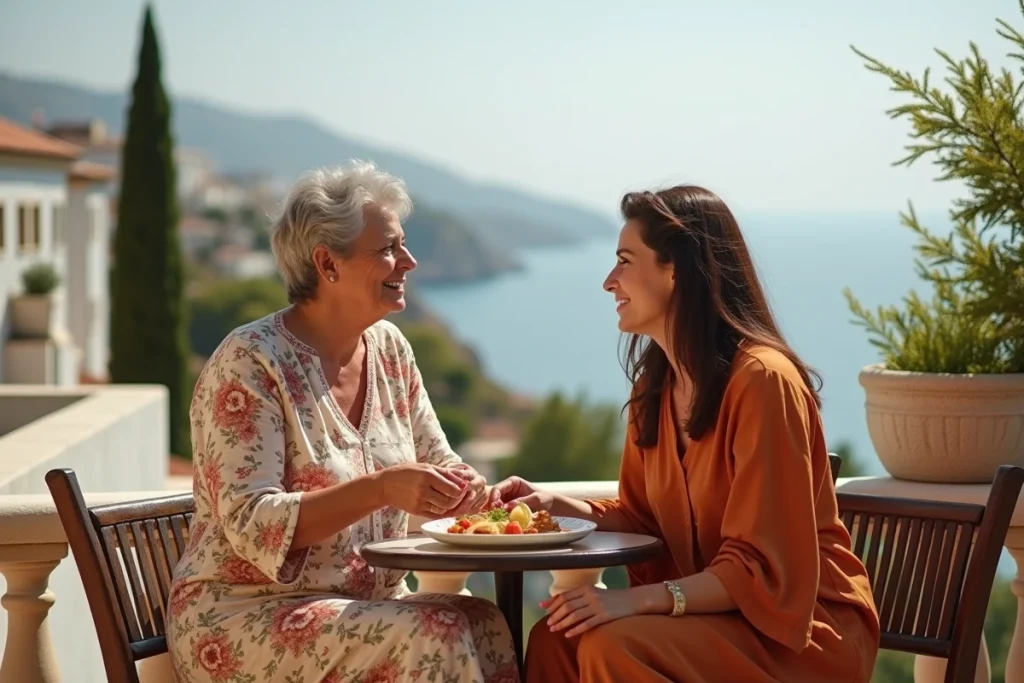 Mère et fille d'origine libanaise partageant un repas sur un balcon méditerranéen face à la mer