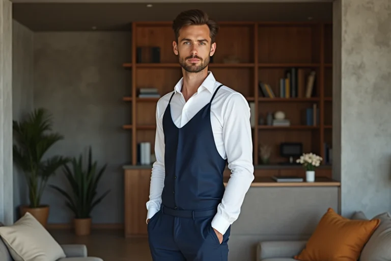 Homme stylé portant une nuisette en satin marine superposée sur une chemise blanche, associée à un pantalon large, dans un appartement parisien contemporain