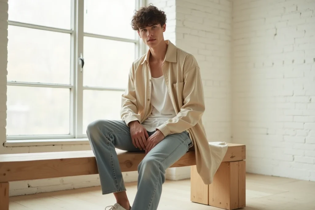 Homme portant une nuisette en soie crème superposée sur une chemise en lin, assis dans un studio minimaliste au style scandinave