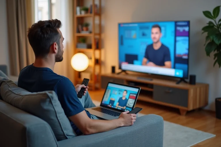 Homme regardant la télévision en direct sur internet via un ordinateur portable et une smart TV dans un salon moderne