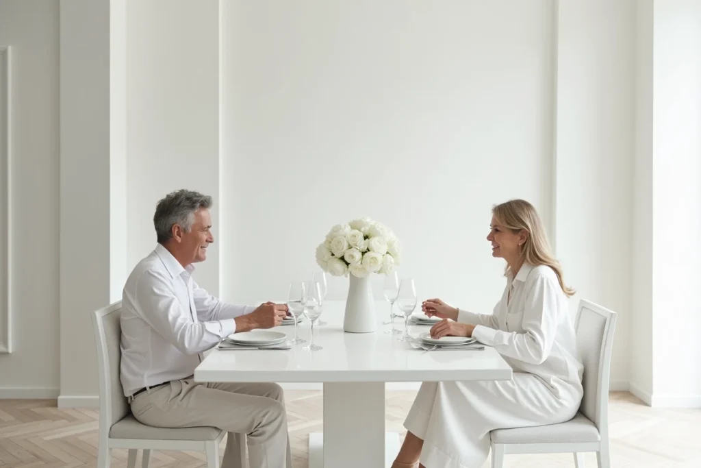 Salle à manger de luxe entièrement blanche avec un couple aisé partageant un repas raffiné, illustrant la symbolique du blanc dans les milieux fortunés