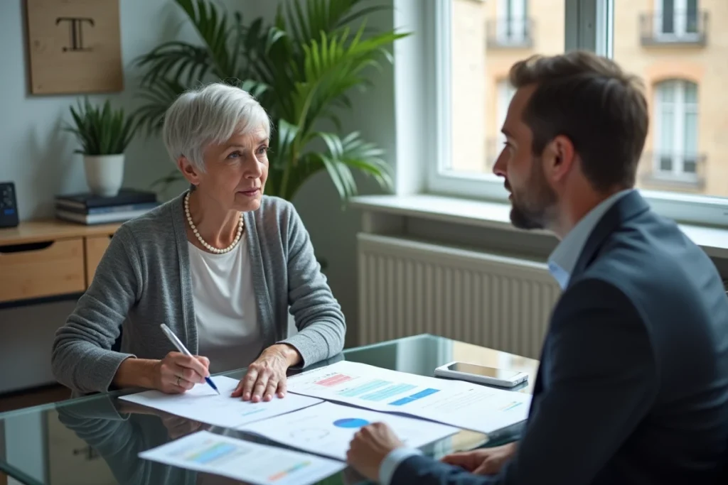 Une veuve en consultation avec un conseiller fiscal pour optimiser son imposition et ses parts fiscales