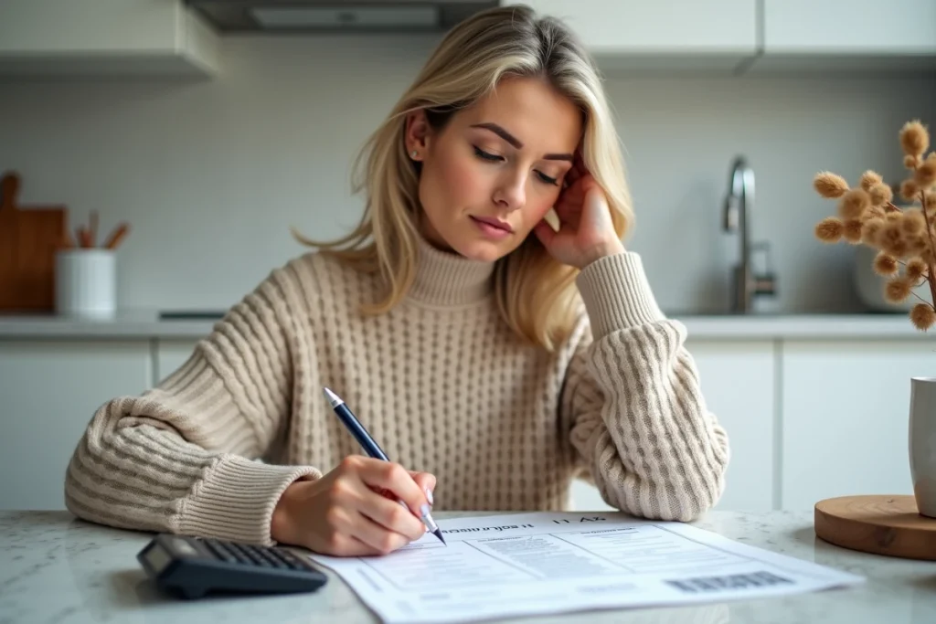 Femme veuve remplissant sa déclaration fiscale à la maison pour optimiser ses parts d'imposition en 2024