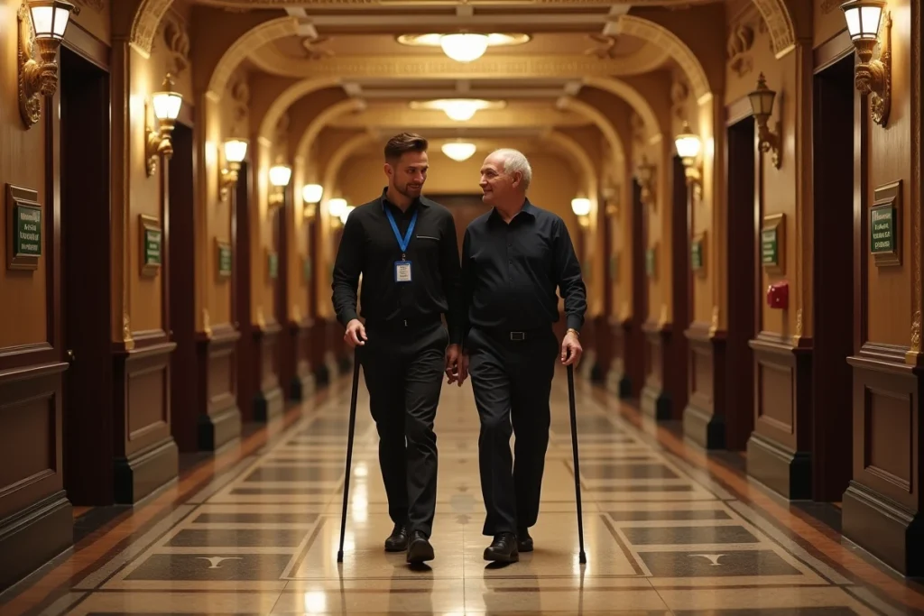 Agent du Grand Rex guidant un visiteur avec canne dans un couloir accessible PMR aux décors Art Déco