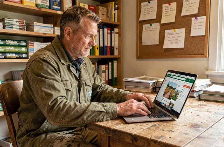 Agriculteur consultant un site de vente en ligne de matériel agricole sur son ordinateur portable dans un bureau de ferme