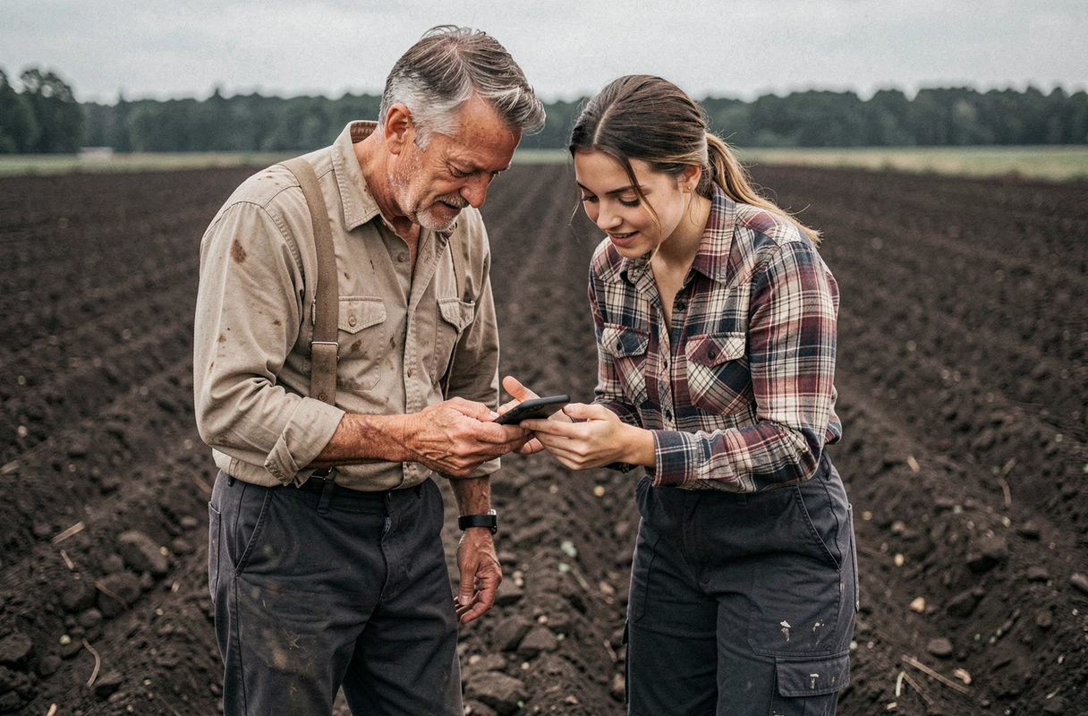 Deux agriculteurs consultant une commande en ligne de semences sur un smartphone au bord d'un champ labouré