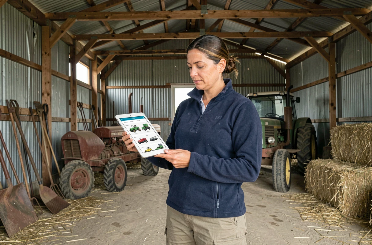 Agricultrice comparant des équipements agricoles sur une tablette numérique dans une grange