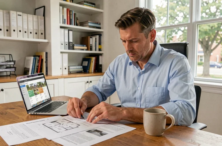 Homme analysant des documents immobiliers sur un bureau en bois dans un bureau à domicile moderne