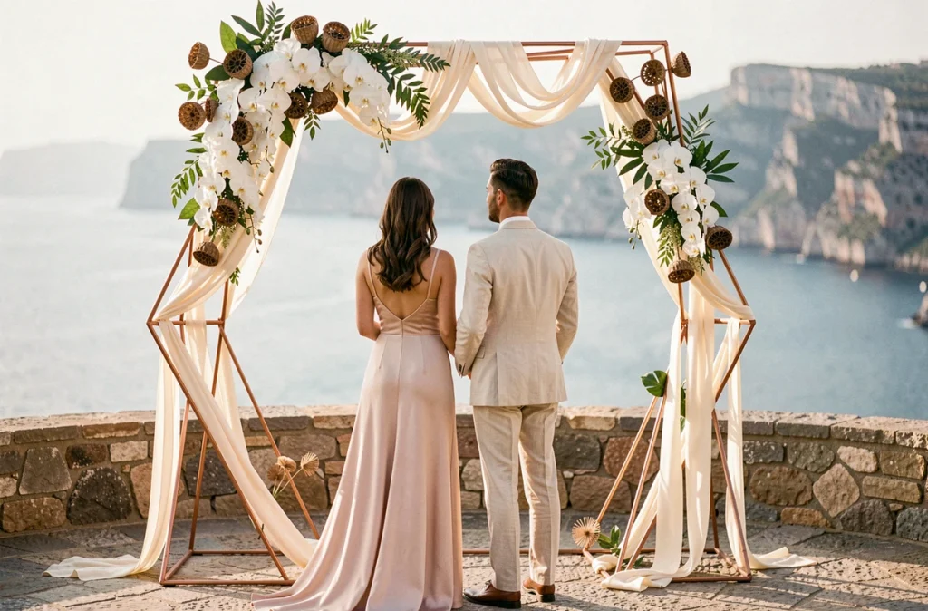 Couple de mariés sous une arche en cuivre ornée d'orchidées et de rubans ivoire lors d'une cérémonie en terrasse avec vue sur la mer