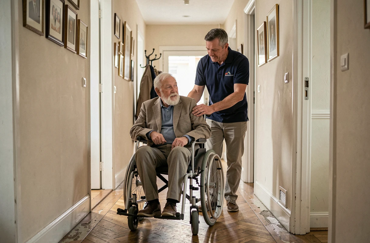 Auxiliaire de vie ADMR accompagnant une personne en fauteuil roulant à domicile