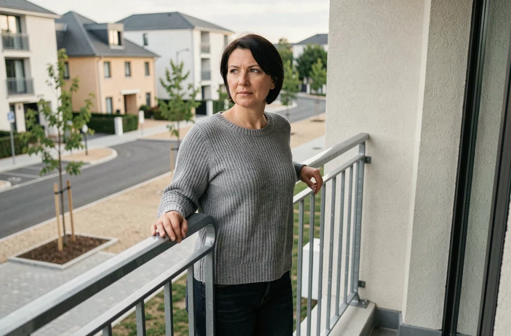 Femme sur le balcon rénové d'un appartement moderne à Villeneuve-Saint-Georges avec vue sur le quartier transformé