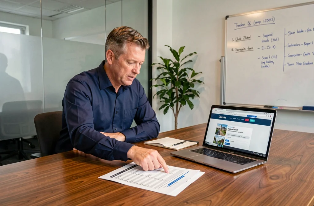 Chef de projet présentant un devis de refonte de site web à une réunion d'équipe en PME