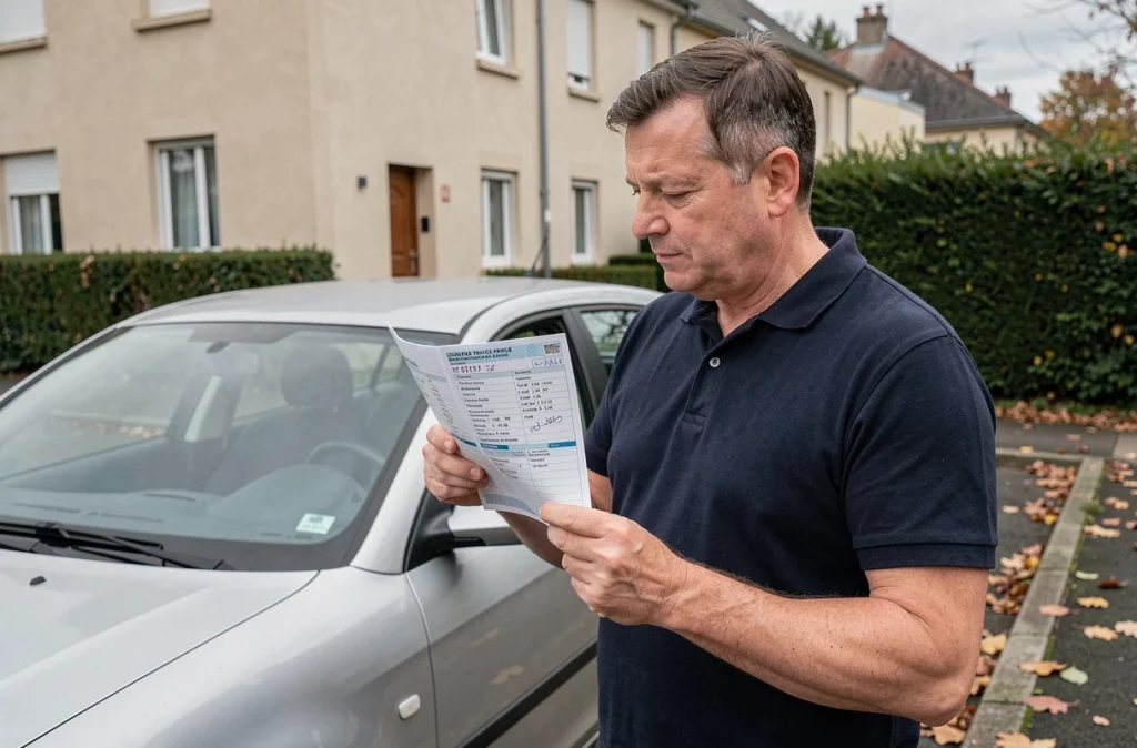 Homme tenant une carte grise devant sa voiture garée dans une rue résidentielle française en automne