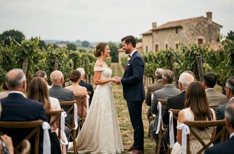 Couple de mariés échangeant leurs vœux dans un vignoble provençal en plein air lors d'une cérémonie de mariage élégante