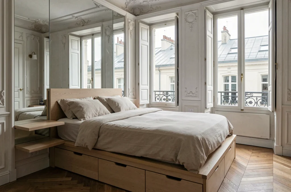 Chambre compacte haussmannienne aménagée avec lit plateforme à tiroirs, miroirs et étagères flottantes pour optimiser l'espace