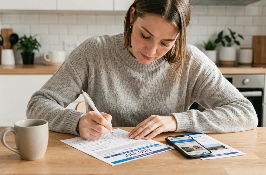 Femme remplissant un formulaire de changement d'adresse sur carte grise à table dans une cuisine moderne