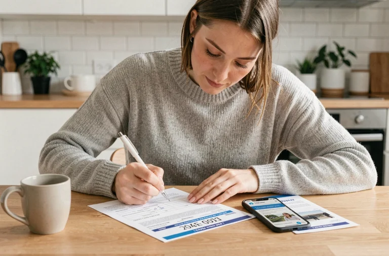 Femme remplissant un formulaire de changement d'adresse sur carte grise à table dans une cuisine moderne