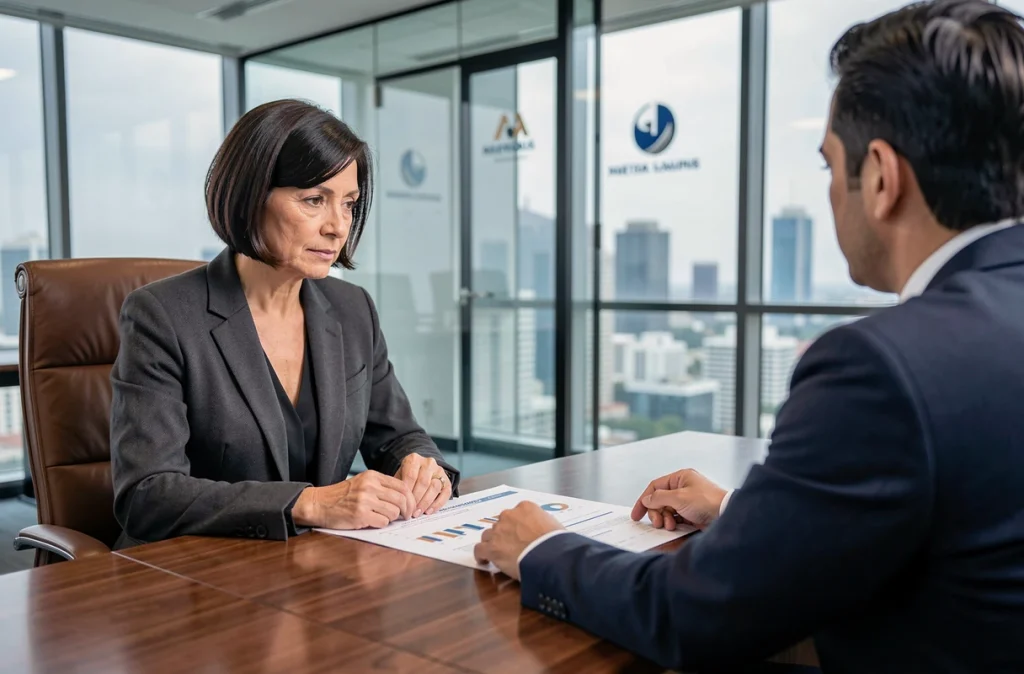 Femme consultant un conseiller financier pour un projet d'investissement immobilier en agence