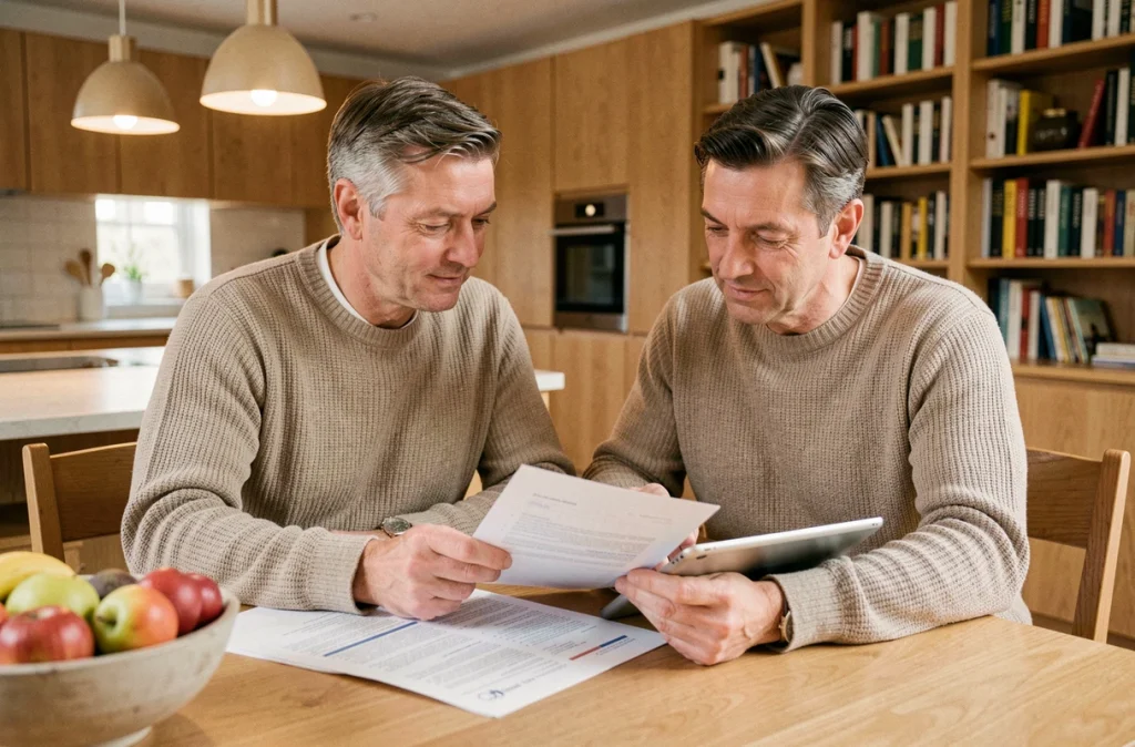 Couple de propriétaires comparant des contrats d'assurance immobilière à la maison