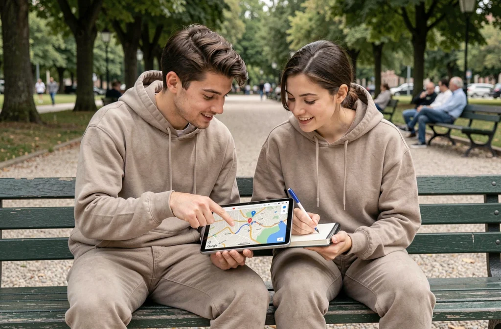 Couple planifiant un itinéraire piéton sur tablette Google Maps assis dans un parc urbain