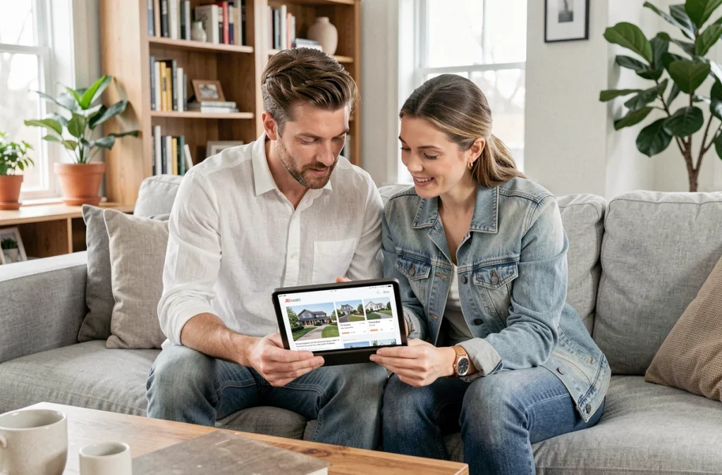 Couple recherchant un bien immobilier en ligne via une agence digitale depuis leur salon