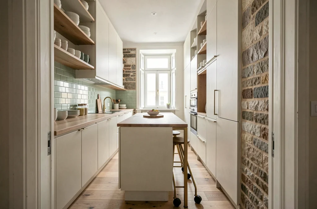 Cuisine en couloir dans un appartement haussmannien avec rangements sur mesure du sol au plafond et îlot mobile