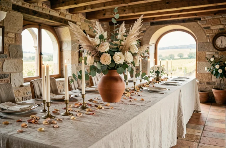 Table de mariage décorée avec des roses blanches, pampa et bougies ivoire dans un domaine en pierre avec poutres en bois apparentes