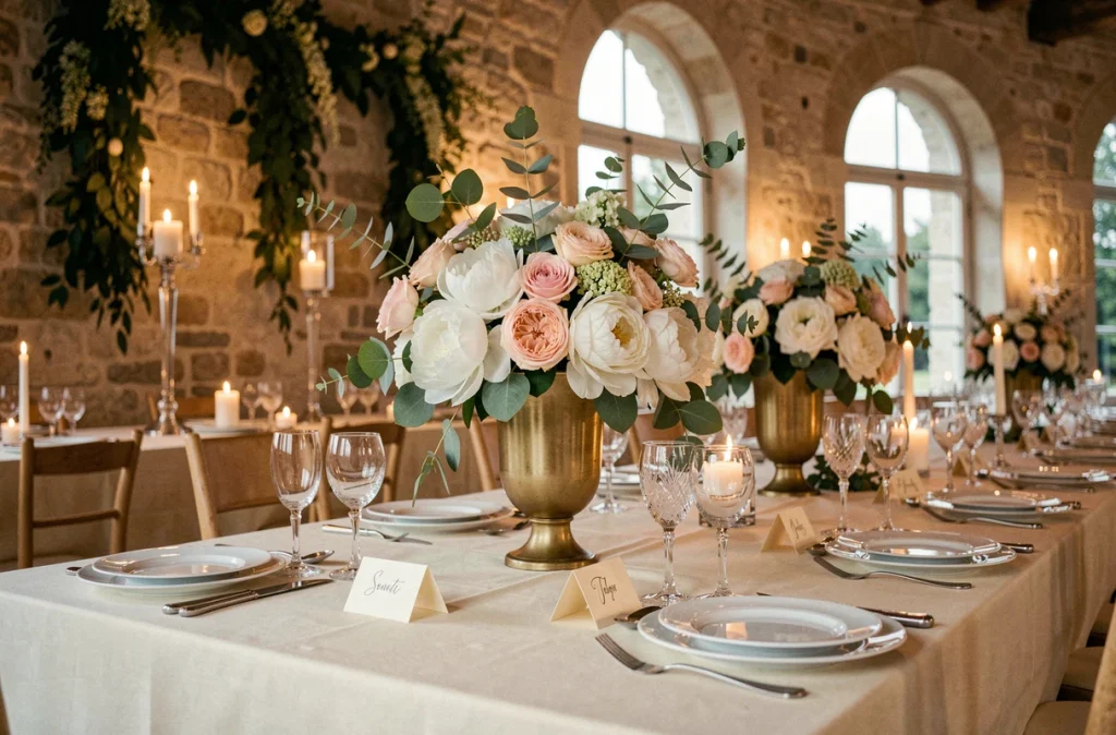 Décoration de table de réception de mariage dans un château français avec fleurs de pivoines et art de la table raffiné