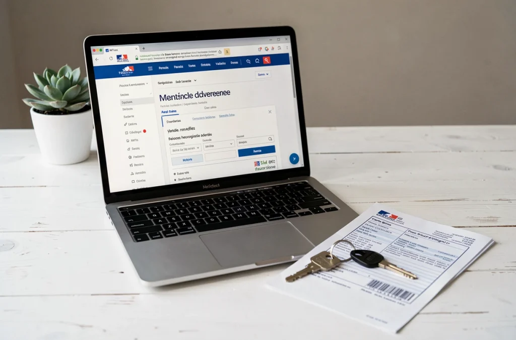 Ordinateur portable affichant le site ANTS pour le changement d'adresse de carte grise avec document et clé de maison sur bureau blanc
