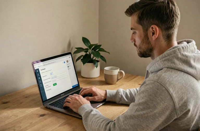 Homme configurant les paramètres WiFi Secure Free sur un ordinateur portable dans un bureau à domicile moderne