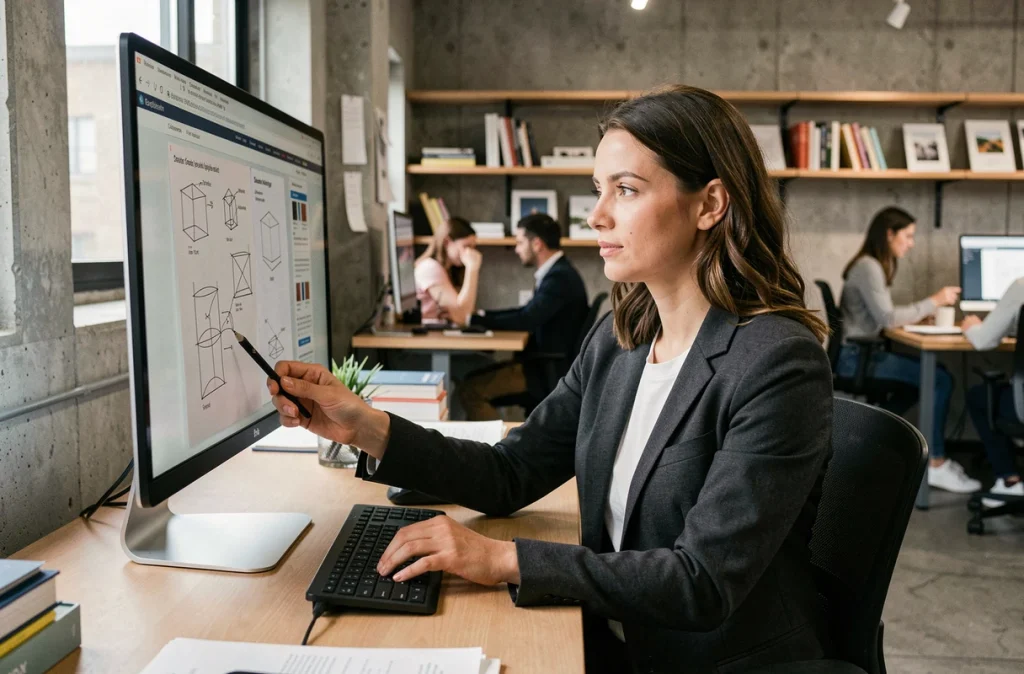Designer web féminine analysant les coûts de refonte de site professionnel sur un grand écran dans un bureau moderne